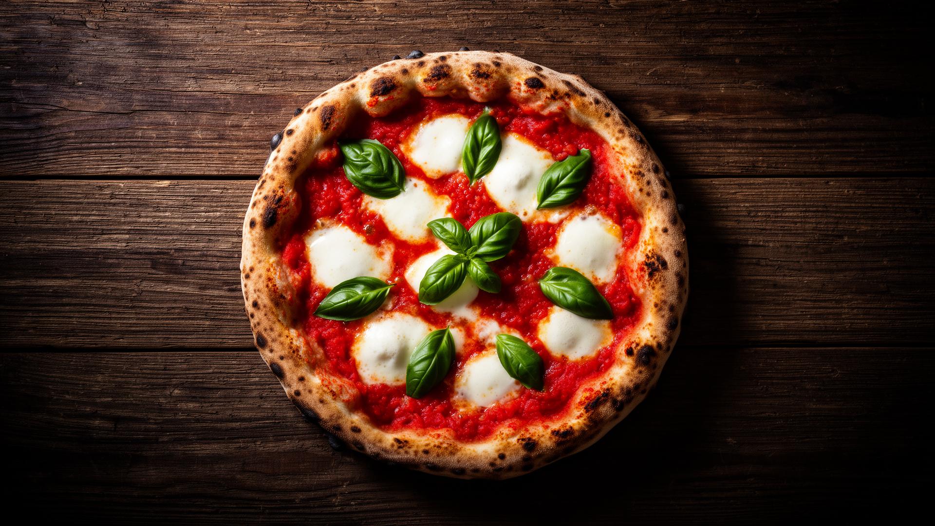 Margherita pizza fresh from Luigi's wood-fired oven, golden crust topped with melted mozzarella and tomato